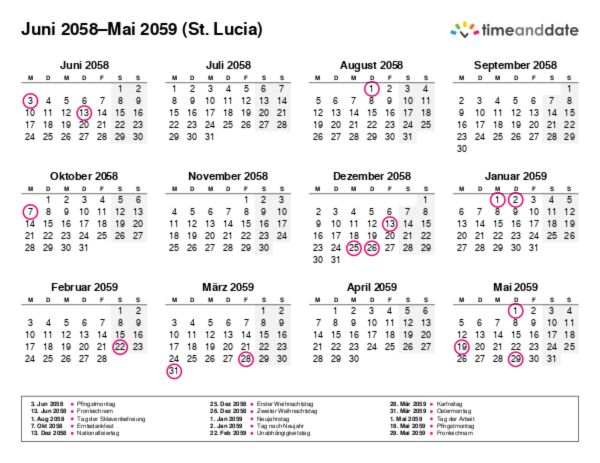 Kalender für 2058 in St. Lucia
