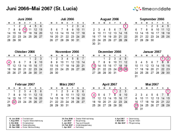 Kalender für 2066 in St. Lucia