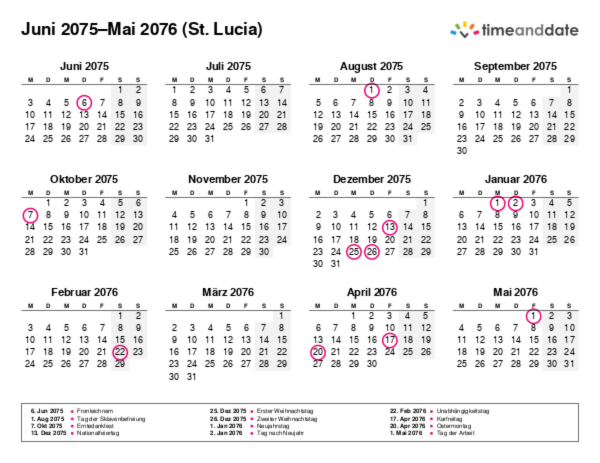 Kalender für 2075 in St. Lucia