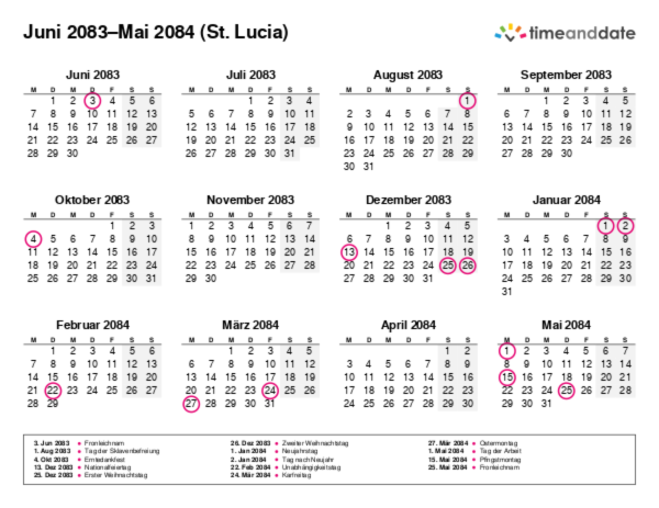 Kalender für 2083 in St. Lucia