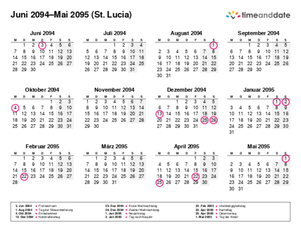 Kalender für 2094 in St. Lucia