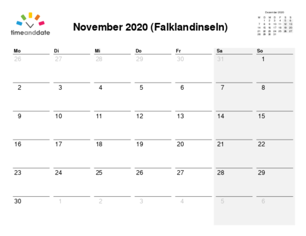 Kalender für 2020 in Falklandinseln