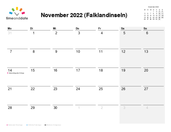 Kalender für 2022 in Falklandinseln