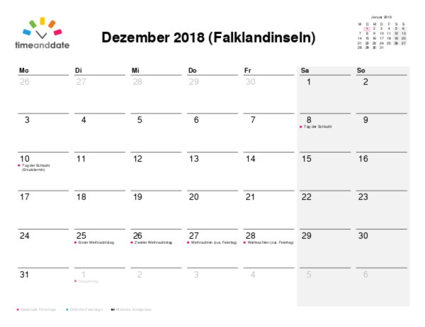 Kalender für 2018 in Falklandinseln