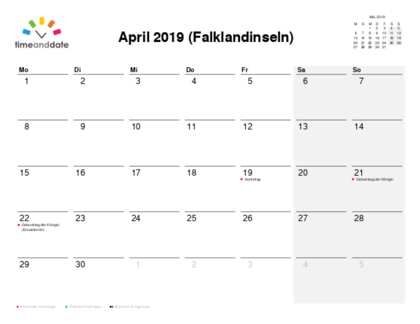 Kalender für 2019 in Falklandinseln