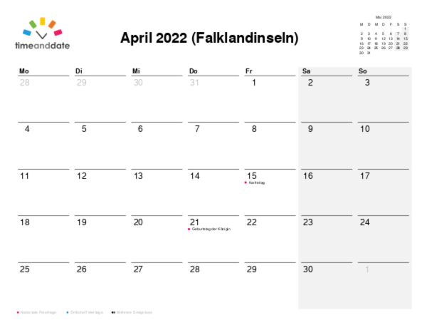 Kalender für 2022 in Falklandinseln