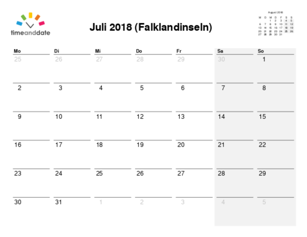 Kalender für 2018 in Falklandinseln