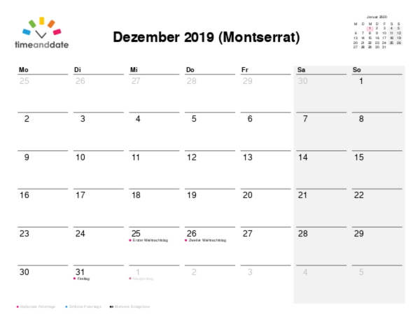 Kalender für 2019 in Montserrat