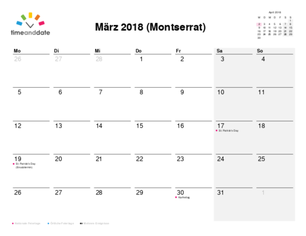Kalender für 2018 in Montserrat