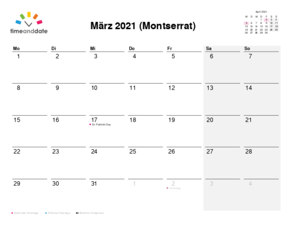 Kalender für 2021 in Montserrat