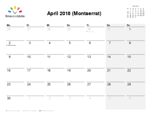 Kalender für 2018 in Montserrat
