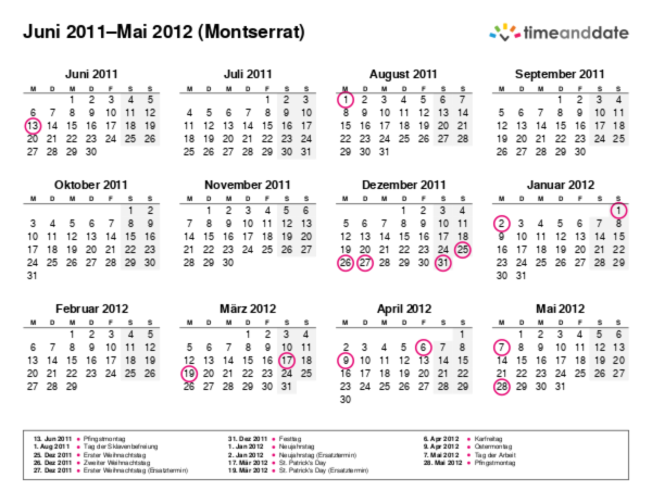 Kalender für 2011 in Montserrat
