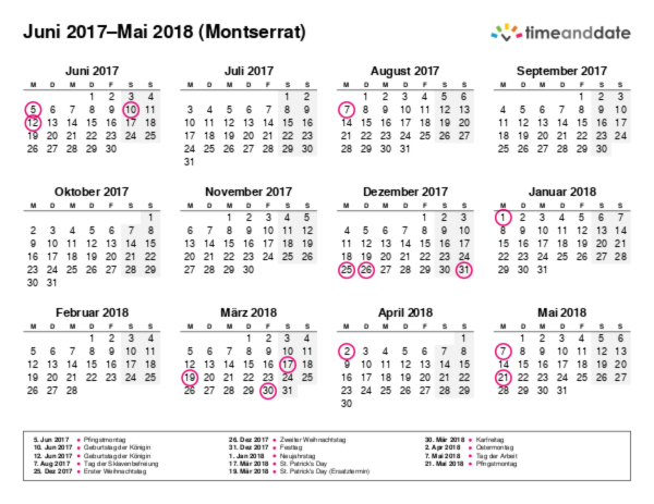 Kalender für 2017 in Montserrat