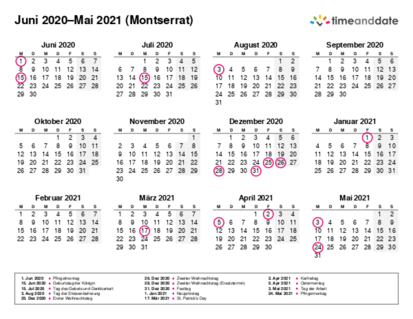 Kalender für 2020 in Montserrat
