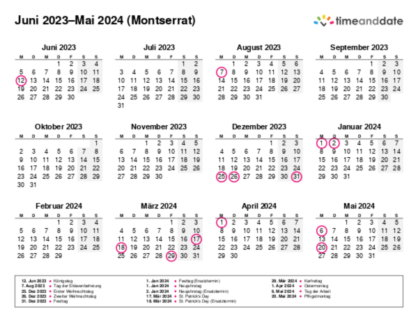 Kalender für 2023 in Montserrat