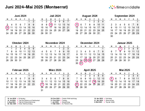 Kalender für 2024 in Montserrat