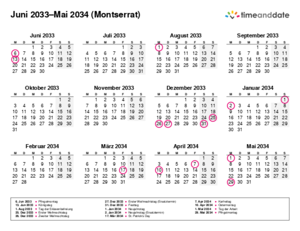 Kalender für 2033 in Montserrat