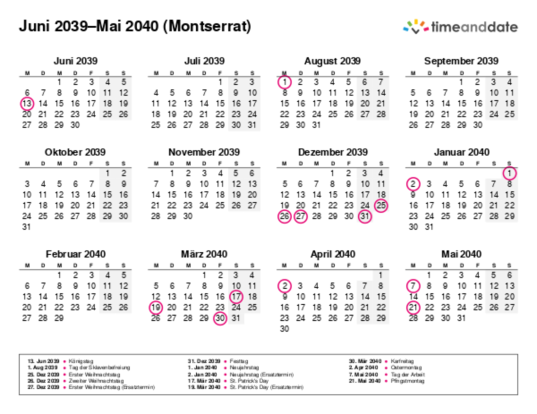 Kalender für 2039 in Montserrat