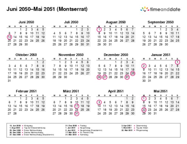 Kalender für 2050 in Montserrat