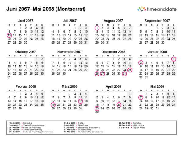 Kalender für 2067 in Montserrat