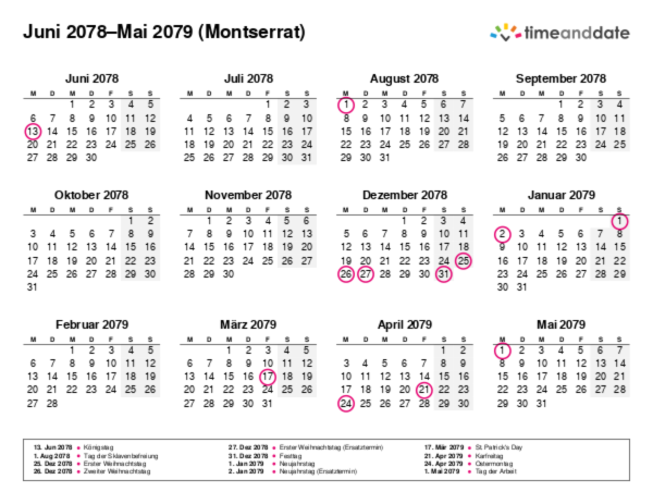 Kalender für 2078 in Montserrat