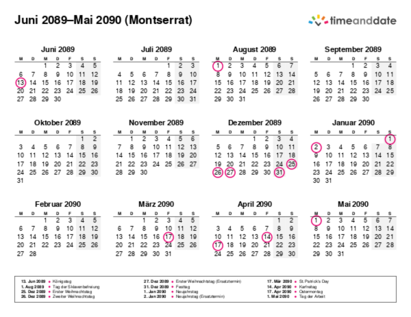 Kalender für 2089 in Montserrat