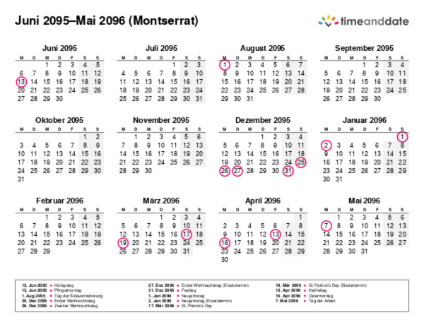 Kalender für 2095 in Montserrat