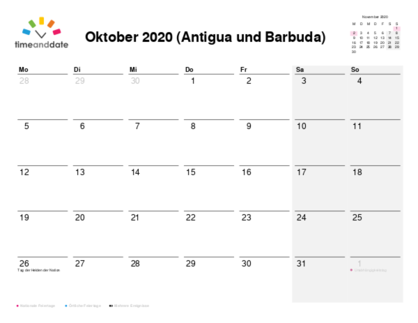 Kalender für 2020 in Antigua und Barbuda