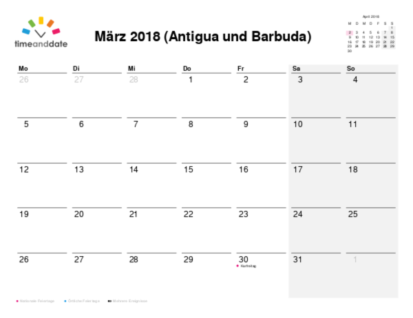 Kalender für 2018 in Antigua und Barbuda