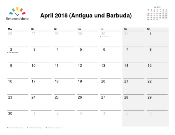 Kalender für 2018 in Antigua und Barbuda