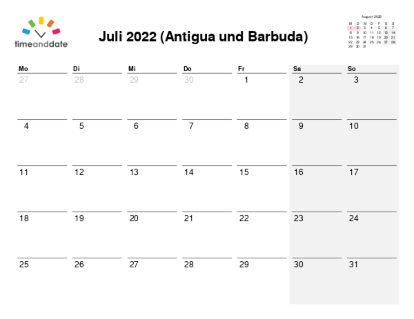 Kalender für 2022 in Antigua und Barbuda