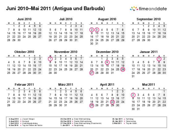 Kalender für 2010 in Antigua und Barbuda