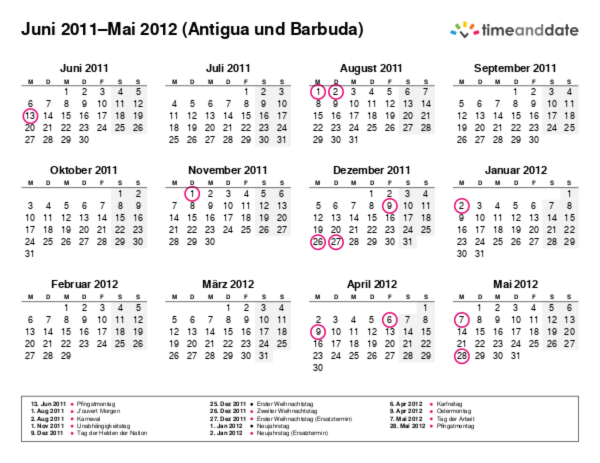 Kalender für 2011 in Antigua und Barbuda