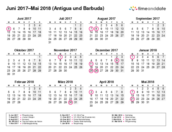 Kalender für 2017 in Antigua und Barbuda