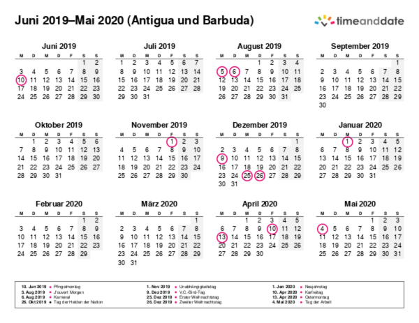 Kalender für 2019 in Antigua und Barbuda