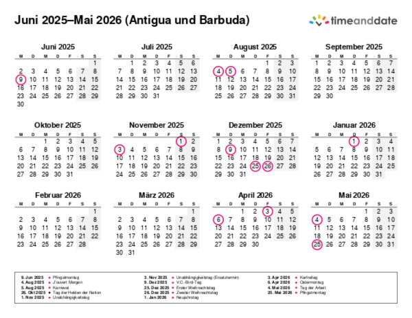 Kalender für 2025 in Antigua und Barbuda