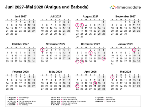Kalender für 2027 in Antigua und Barbuda
