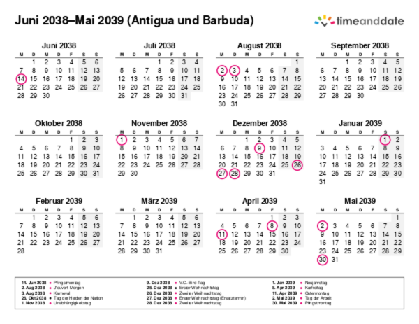 Kalender für 2038 in Antigua und Barbuda