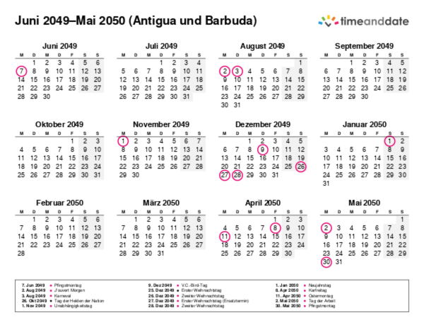 Kalender für 2049 in Antigua und Barbuda