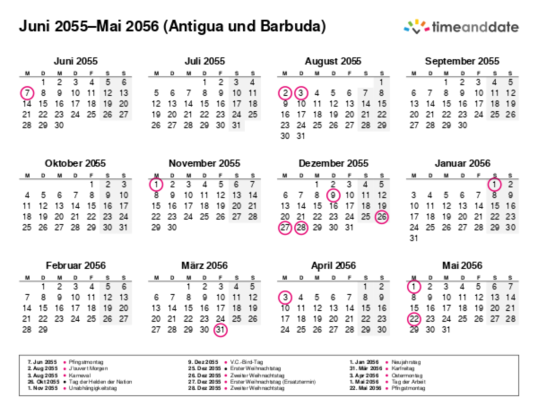 Kalender für 2055 in Antigua und Barbuda