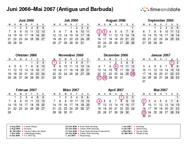 Kalender für 2066 in Antigua und Barbuda