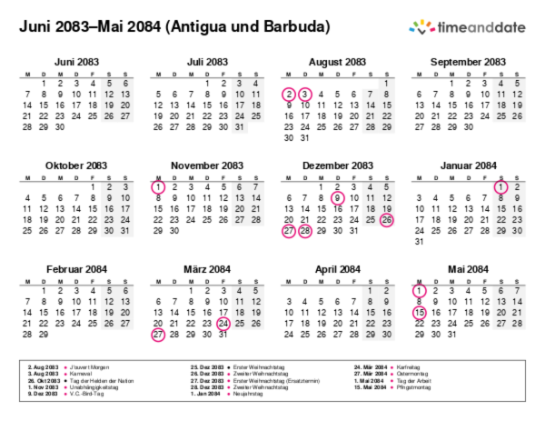 Kalender für 2083 in Antigua und Barbuda