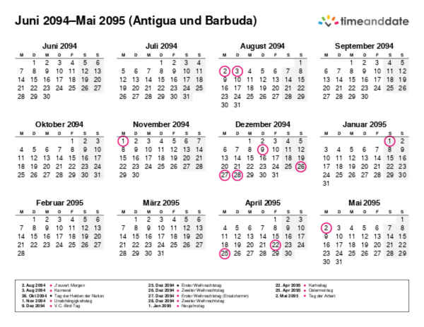 Kalender für 2094 in Antigua und Barbuda