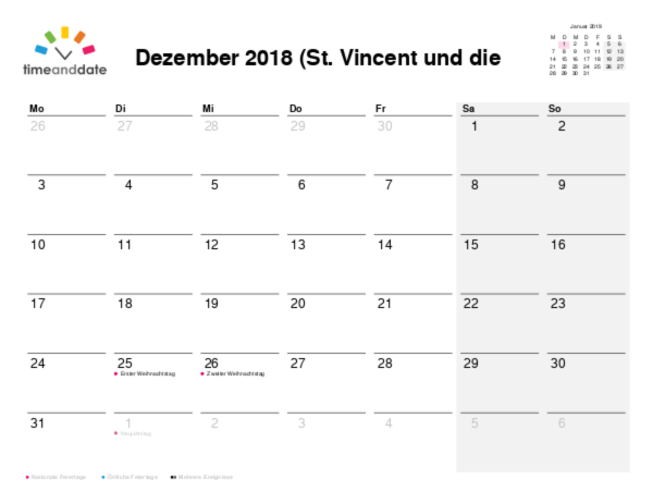 Kalender für 2018 in St. Vincent und die Grenadinen