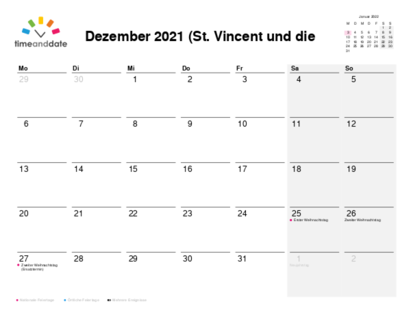 Kalender für 2021 in St. Vincent und die Grenadinen