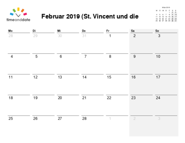 Kalender für 2019 in St. Vincent und die Grenadinen