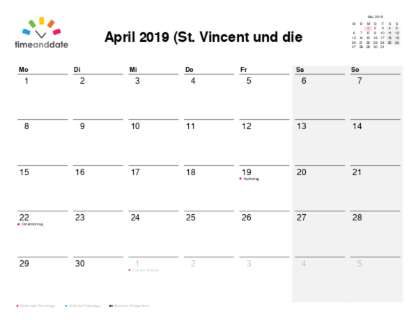 Kalender für 2019 in St. Vincent und die Grenadinen