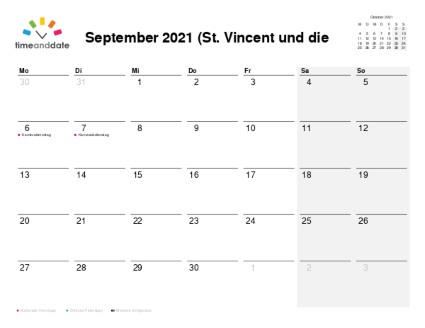 Kalender für 2021 in St. Vincent und die Grenadinen