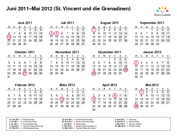 Kalender für 2011 in St. Vincent und die Grenadinen