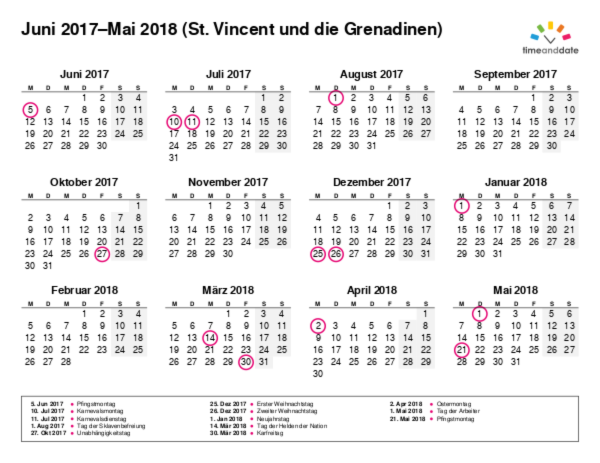Kalender für 2017 in St. Vincent und die Grenadinen